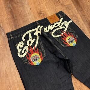 Vintage Ed Hardy Christian Audigier Jeans Mens 44x32 Embroidered Rhinestone Y2K